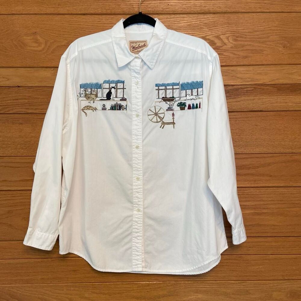 Vintage 90s Woolrich cat embroidered button front cotton shirt